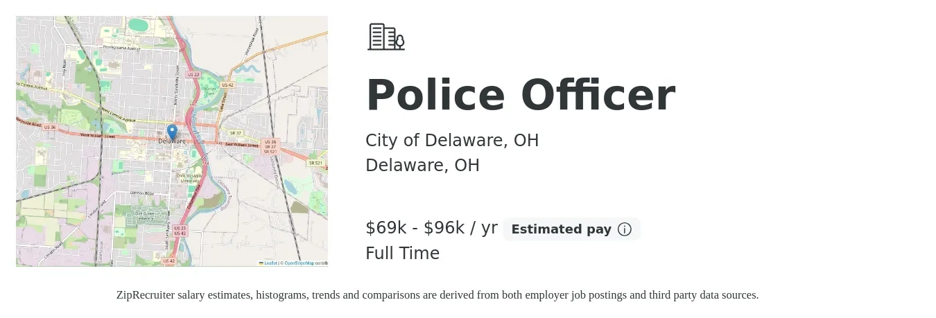 City of Delaware, OH job posting for a Police Officer in Delaware, OH with a salary of $69,202 to $96,408 Yearly with a map of Delaware location.