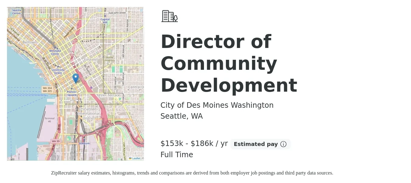 City of Des Moines Washington job posting for a Director of Community Development in Seattle, WA with a salary of $153,645 to $186,769 Yearly with a map of Seattle location.