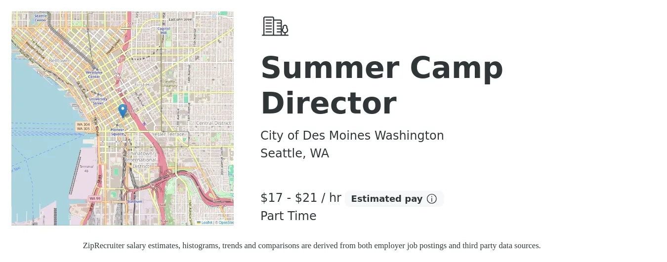 City of Des Moines Washington job posting for a Summer Camp Director in Seattle, WA with a salary of $18 to $22 Hourly with a map of Seattle location.