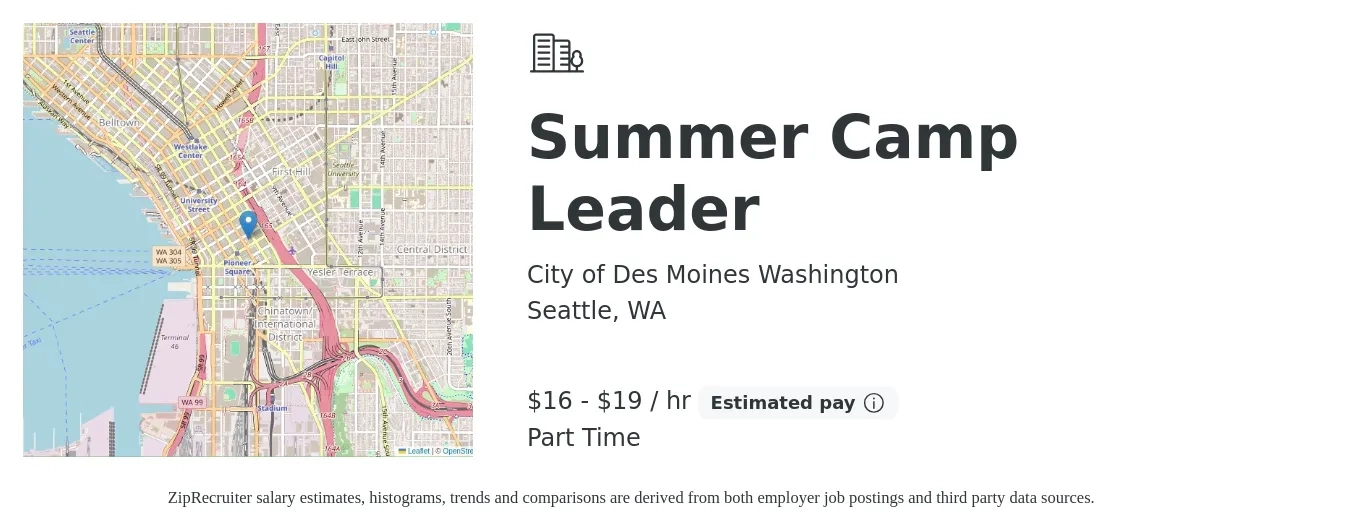 City of Des Moines Washington job posting for a Summer Camp Leader in Seattle, WA with a salary of $17 to $20 Hourly with a map of Seattle location.