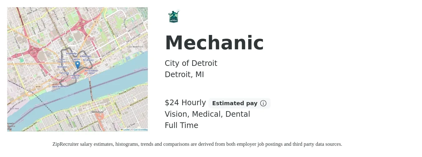City of Detroit job posting for a Mechanic in Detroit, MI with a salary of $25 Hourly and benefits including medical, retirement, vision, dental, and life_insurance with a map of Detroit location.