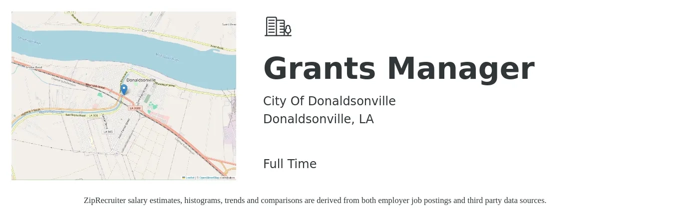 City Of Donaldsonville job posting for a Grants Manager in Donaldsonville, LA with a salary of $54,800 to $76,100 Yearly with a map of Donaldsonville location.