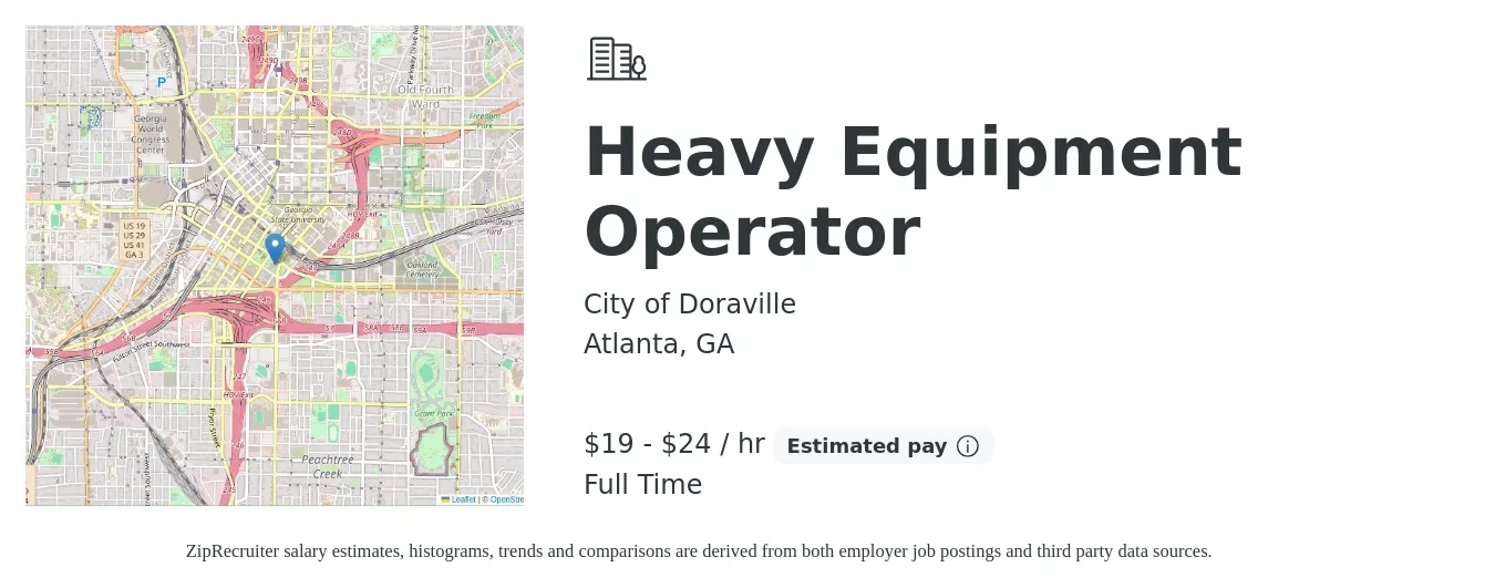 City of Doraville job posting for a Heavy Equipment Operator in Atlanta, GA with a salary of $20 to $25 Hourly with a map of Atlanta location.