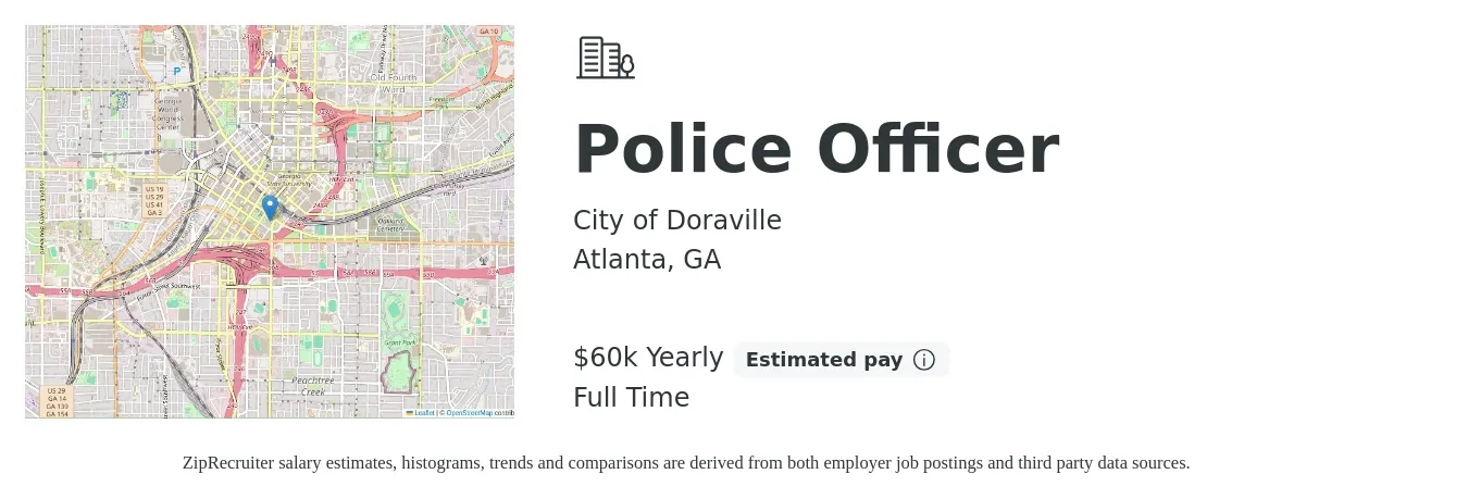 City of Doraville job posting for a Police Officer in Atlanta, GA with a salary of $60,000 Yearly with a map of Atlanta location.