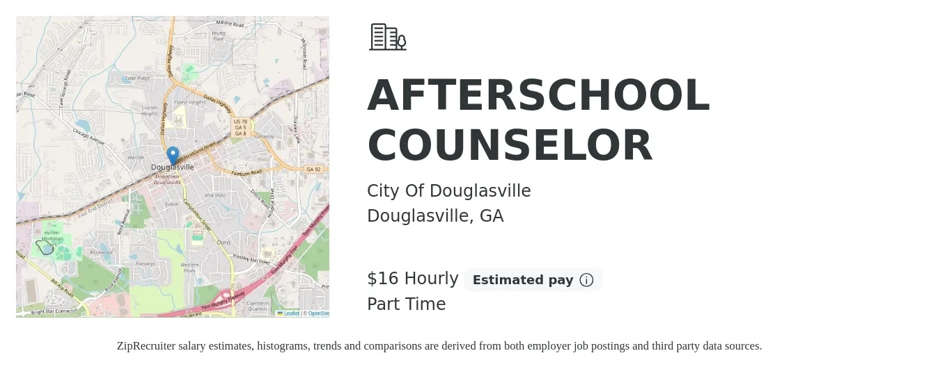 City Of Douglasville job posting for a AFTERSCHOOL COUNSELOR in Douglasville, GA with a salary of $18 Hourly with a map of Douglasville location.