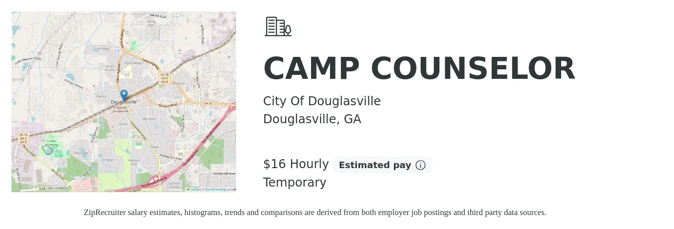 City Of Douglasville job posting for a CAMP COUNSELOR in Douglasville, GA with a salary of $18 Hourly with a map of Douglasville location.