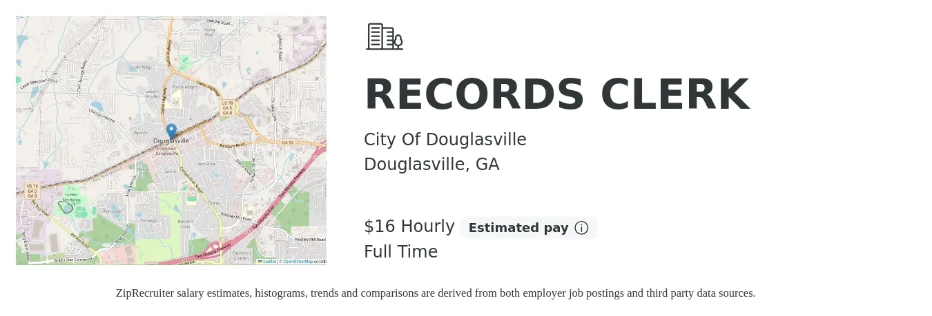 City Of Douglasville job posting for a RECORDS CLERK in Douglasville, GA with a salary of $18 Hourly with a map of Douglasville location.