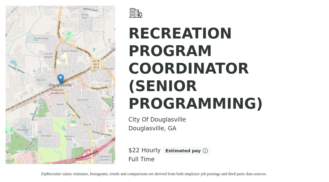 City Of Douglasville job posting for a RECREATION PROGRAM COORDINATOR (SENIOR PROGRAMMING) in Douglasville, GA with a salary of $23 Hourly with a map of Douglasville location.
