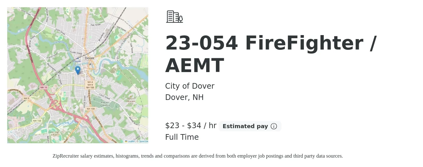 City of Dover job posting for a 23-054 FireFighter / AEMT in Dover, NH with a salary of $24 to $35 Hourly with a map of Dover location.
