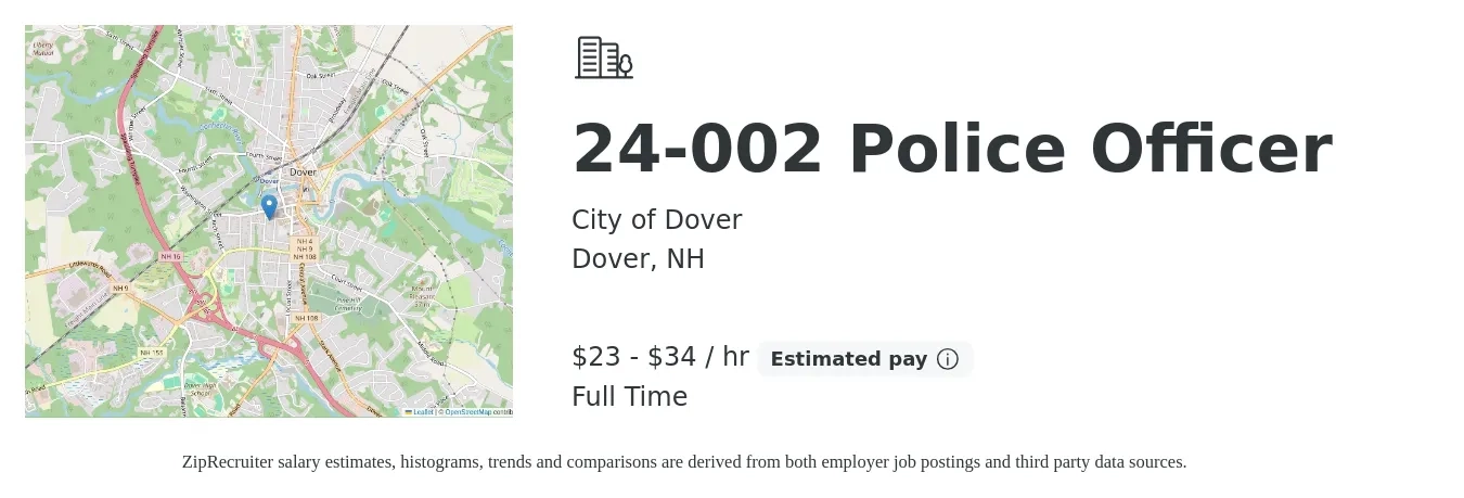 City of Dover job posting for a 24-002 Police Officer in Dover, NH with a salary of $24 to $35 Hourly with a map of Dover location.