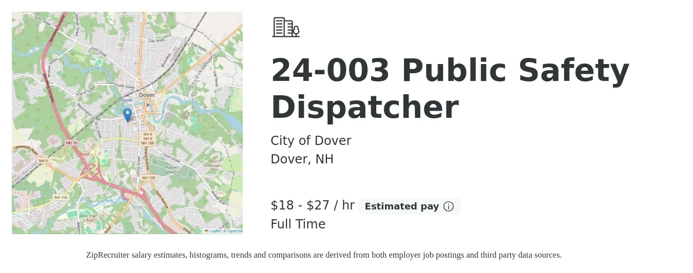 City of Dover job posting for a 24-003 Public Safety Dispatcher in Dover, NH with a salary of $20 to $28 Hourly with a map of Dover location.