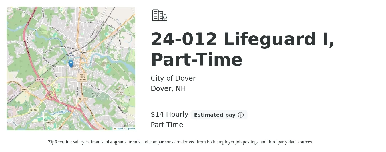 City of Dover job posting for a 24-012 Lifeguard I, Part-Time in Dover, NH with a salary of $15 Hourly with a map of Dover location.