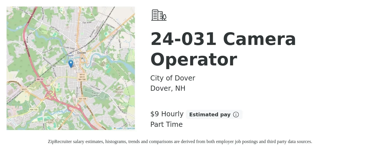City of Dover job posting for a 24-031 Camera Operator in Dover, NH with a salary of $10 Hourly with a map of Dover location.