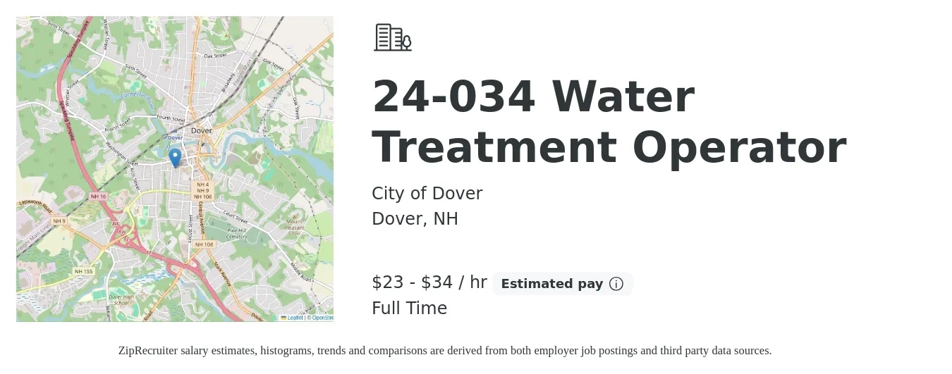 City of Dover job posting for a 24-034 Water Treatment Operator in Dover, NH with a salary of $24 to $35 Hourly with a map of Dover location.