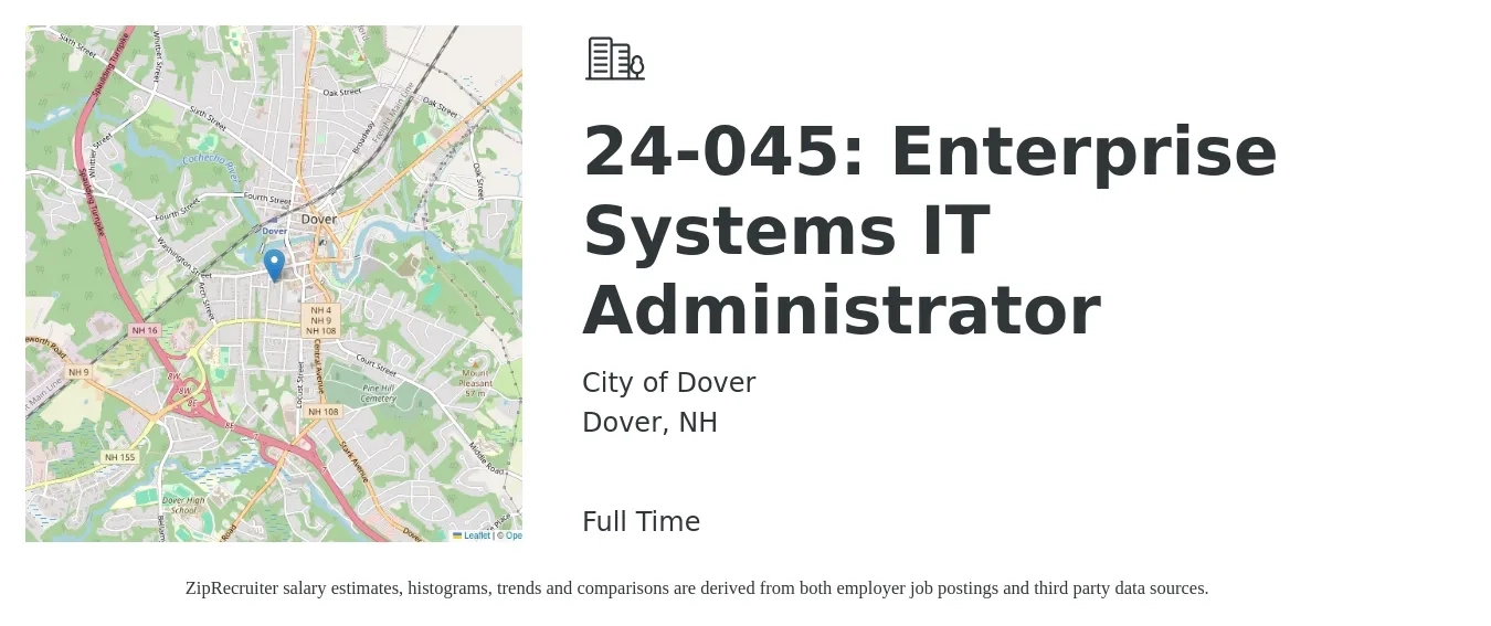 City of Dover job posting for a 24-045: Enterprise Systems IT Administrator in Dover, NH with a salary of $1,213 to $1,758 Weekly with a map of Dover location.