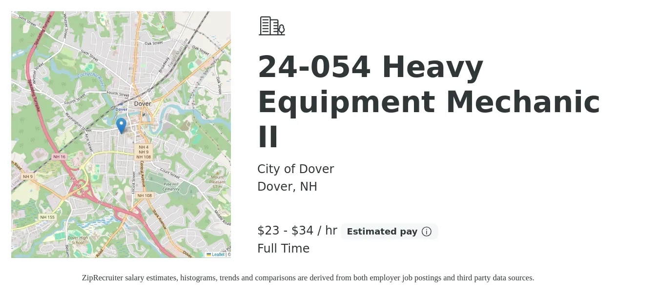City of Dover job posting for a 24-054 Heavy Equipment Mechanic II in Dover, NH with a salary of $24 to $35 Hourly with a map of Dover location.