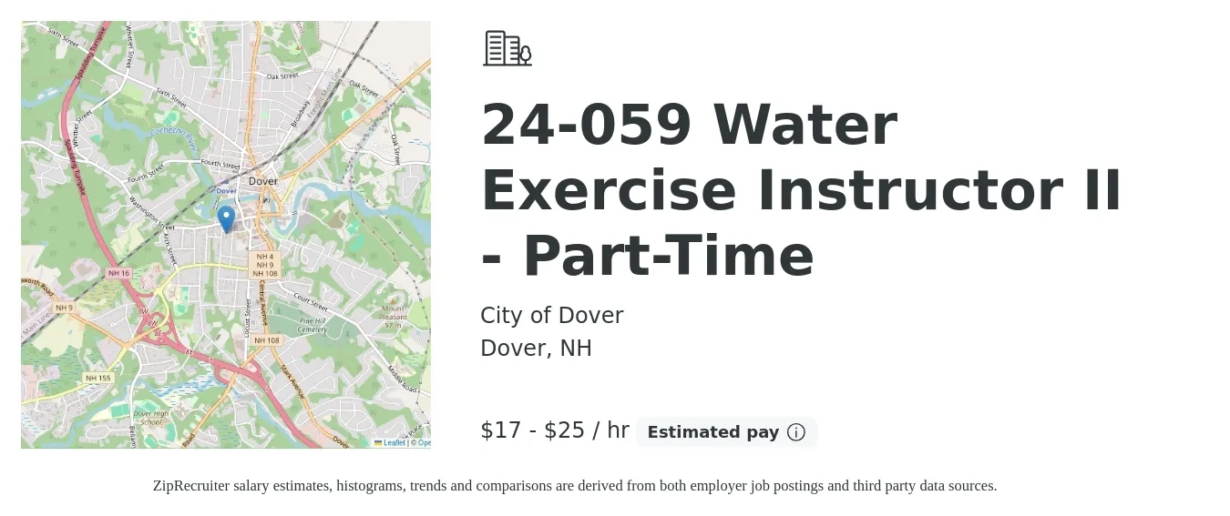 City of Dover job posting for a 24-059 Water Exercise Instructor II - Part-Time in Dover, NH with a salary of $18 to $26 Hourly with a map of Dover location.
