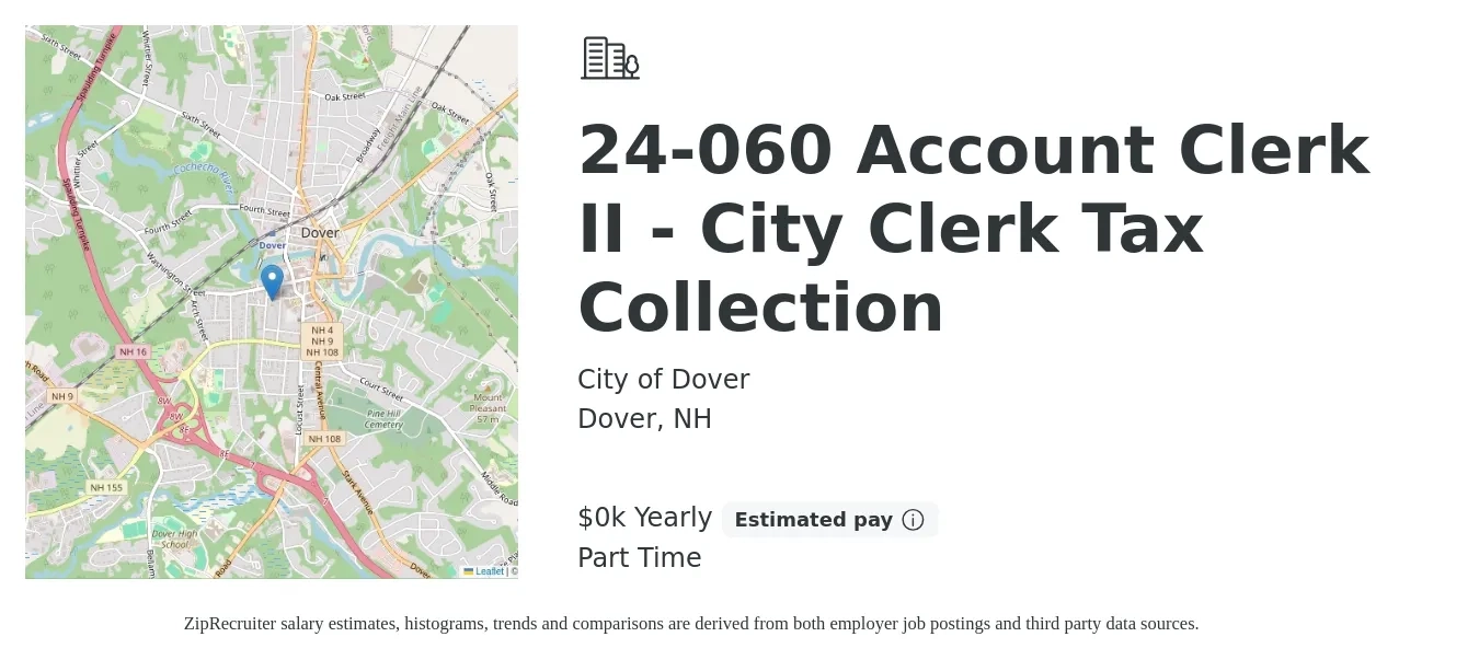 City of Dover job posting for a 24-060 Account Clerk II - City Clerk Tax Collection in Dover, NH with a salary of $18 to $26 Yearly with a map of Dover location.
