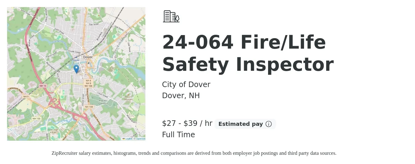 City of Dover job posting for a 24-064 Fire/Life Safety Inspector in Dover, NH with a salary of $28 to $41 Hourly with a map of Dover location.