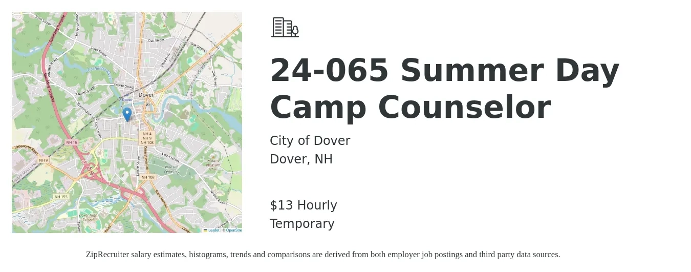 City of Dover job posting for a 24-065 Summer Day Camp Counselor in Dover, NH with a salary of $14 Hourly with a map of Dover location.