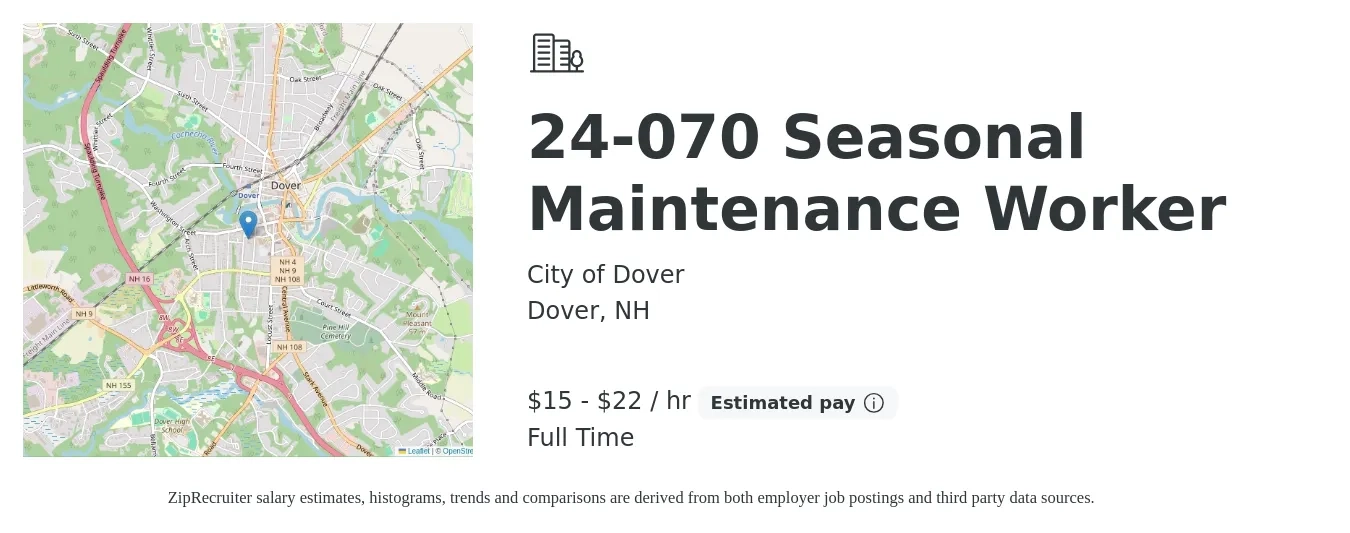 City of Dover job posting for a 24-070 Seasonal Maintenance Worker in Dover, NH with a salary of $16 to $23 Hourly with a map of Dover location.