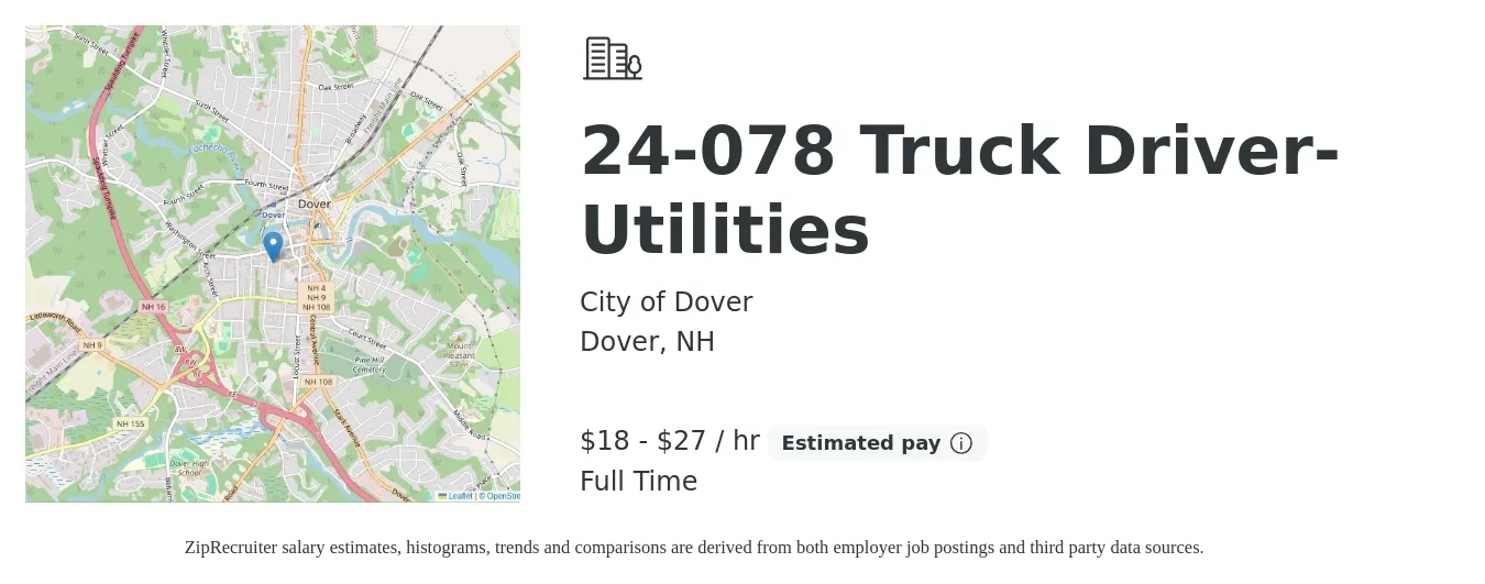 City of Dover job posting for a 24-078 Truck Driver-Utilities in Dover, NH with a salary of $20 to $28 Hourly with a map of Dover location.