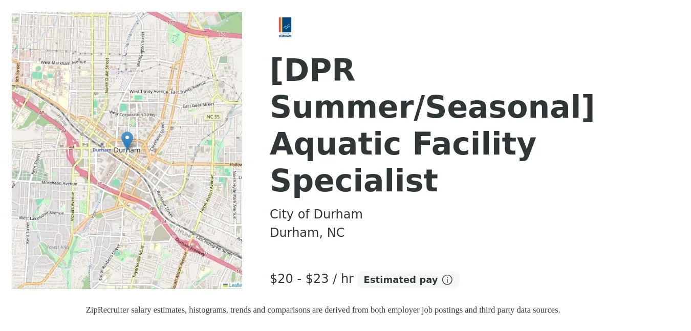 City of Durham job posting for a [DPR Summer/Seasonal] Aquatic Facility Specialist in Durham, NC with a salary of $21 to $24 Hourly with a map of Durham location.