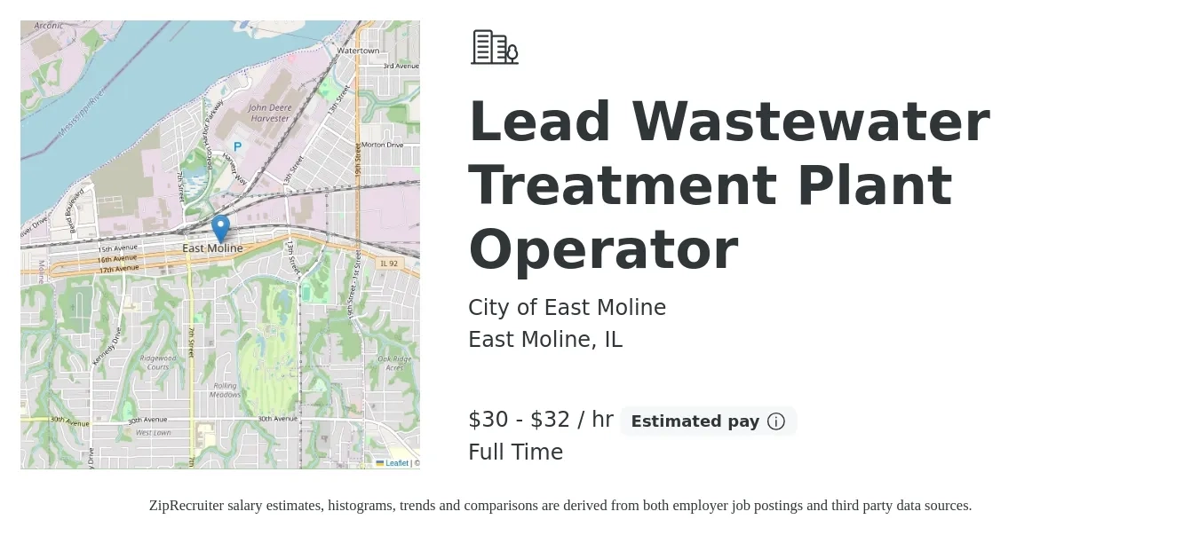City of East Moline job posting for a Lead Wastewater Treatment Plant Operator in East Moline, IL with a salary of $32 to $34 Hourly with a map of East Moline location.
