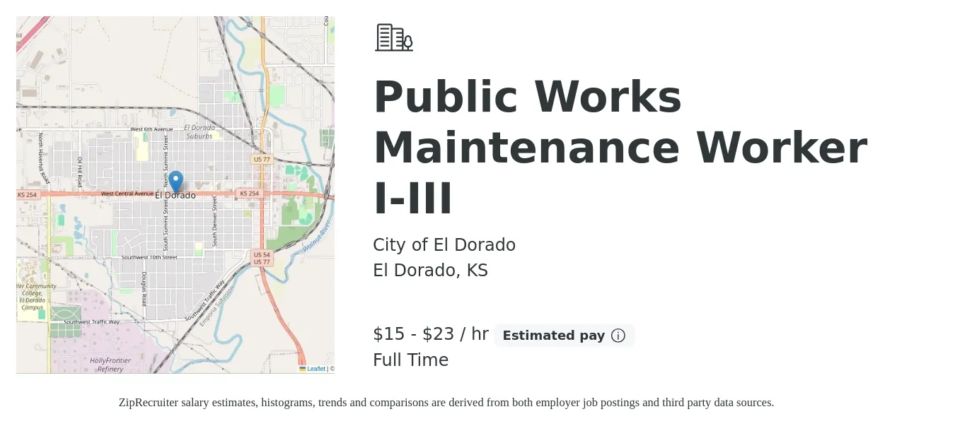 City of El Dorado job posting for a Public Works Maintenance Worker I-III in El Dorado, KS with a salary of $16 to $24 Hourly with a map of El Dorado location.