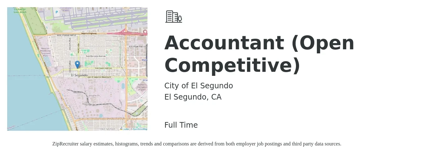 City of El Segundo job posting for a Accountant (Open Competitive) in El Segundo, CA with a salary of $57,000 to $83,600 Yearly with a map of El Segundo location.