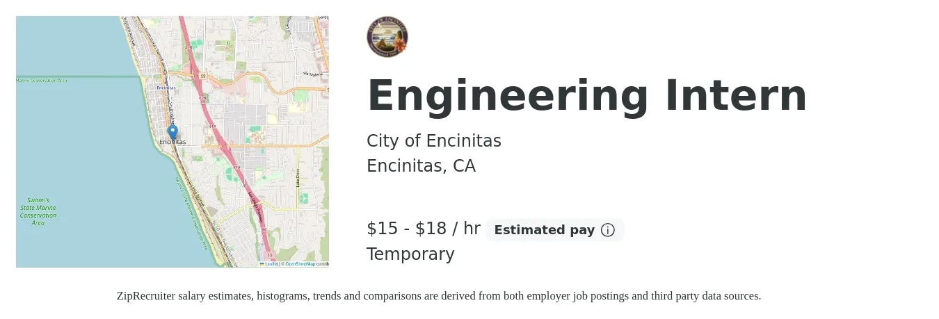 City of Encinitas job posting for a Engineering Intern in Encinitas, CA with a salary of $18 to $23 Hourly with a map of Encinitas location.
