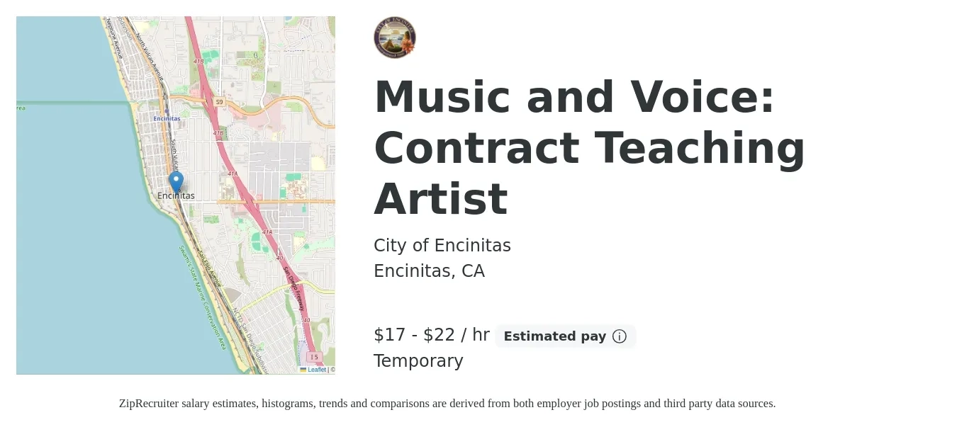 City of Encinitas job posting for a Music and Voice: Contract Teaching Artist in Encinitas, CA with a salary of $50,500 to $75,200 Yearly with a map of Encinitas location.