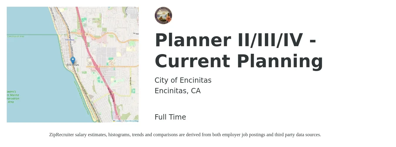 City of Encinitas job posting for a Planner II/III/IV - Current Planning in Encinitas, CA with a salary of $61,368 to $111,276 Yearly with a map of Encinitas location.