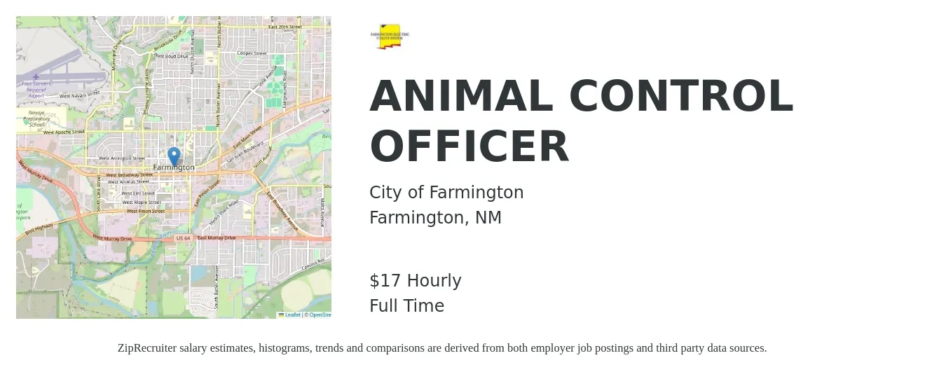 City of Farmington job posting for a ANIMAL CONTROL OFFICER in Farmington, NM with a salary of $18 Hourly with a map of Farmington location.