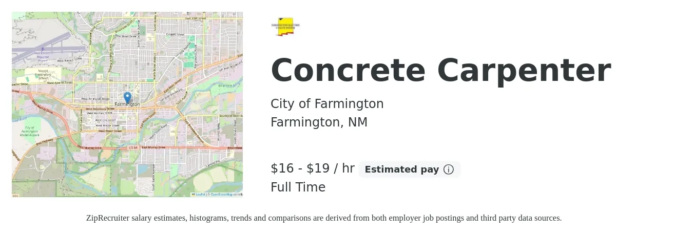 City of Farmington job posting for a Concrete Carpenter in Farmington, NM with a salary of $17 to $21 Hourly with a map of Farmington location.