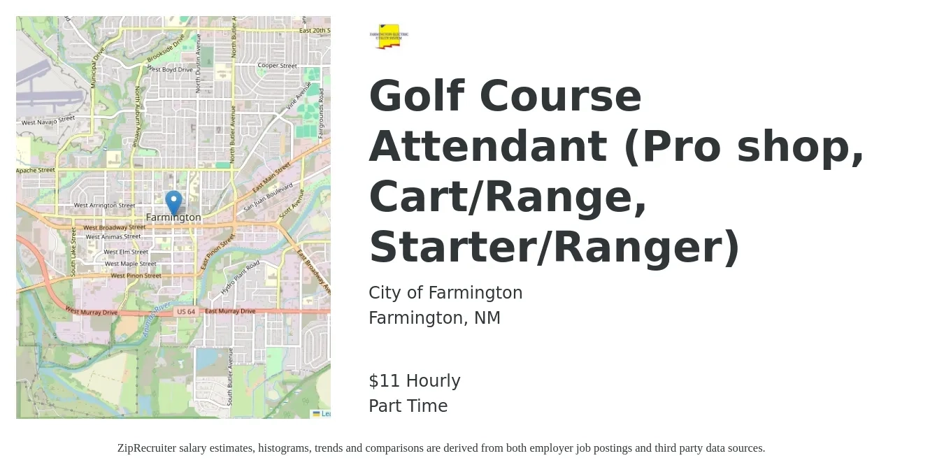 City of Farmington job posting for a Golf Course Attendant (Pro shop, Cart/Range, Starter/Ranger) in Farmington, NM with a salary of $12 Hourly with a map of Farmington location.
