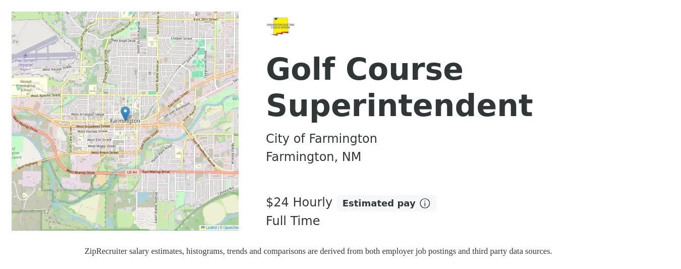 City of Farmington job posting for a Golf Course Superintendent in Farmington, NM with a salary of $44,300 to $70,500 Yearly with a map of Farmington location.