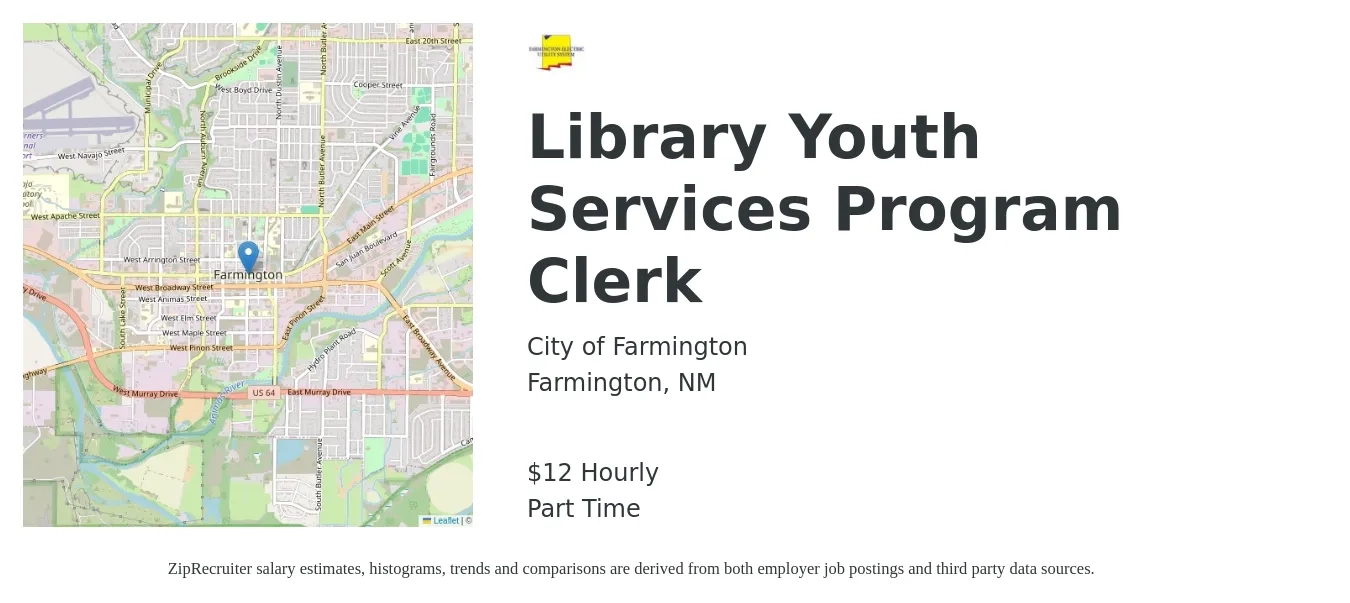 City of Farmington job posting for a Library Youth Services Program Clerk in Farmington, NM with a salary of $12 Hourly with a map of Farmington location.