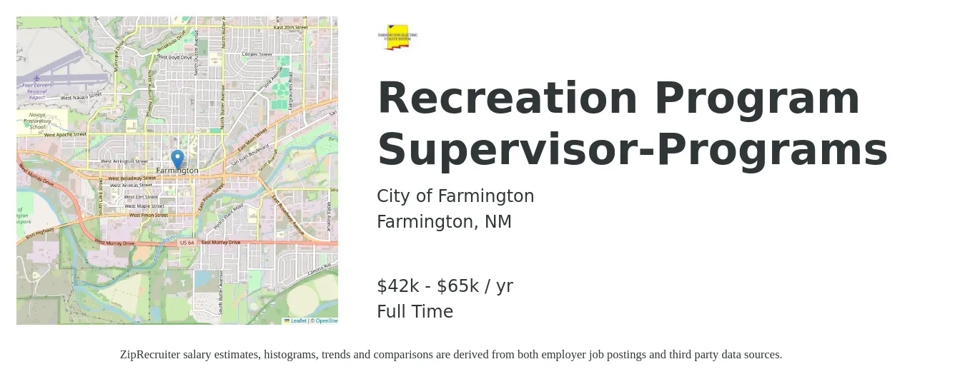 City of Farmington job posting for a Recreation Program Supervisor-Programs in Farmington, NM with a salary of $42,255 to $65,707 Yearly with a map of Farmington location.