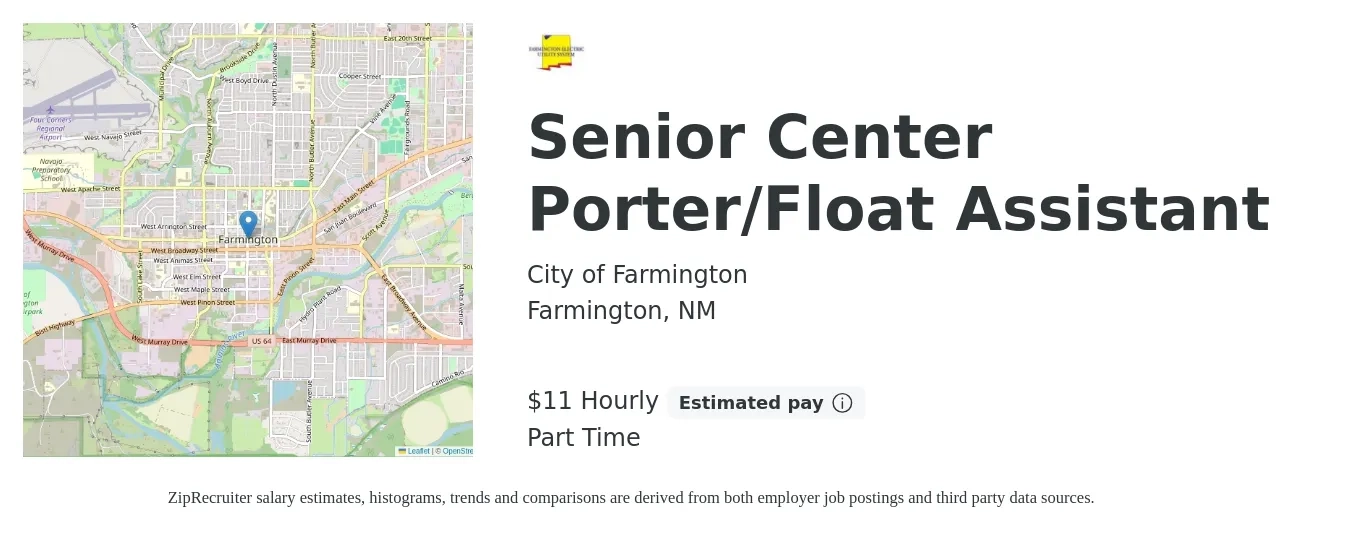 City of Farmington job posting for a Senior Center Porter/Float Assistant in Farmington, NM with a salary of $12 Hourly with a map of Farmington location.