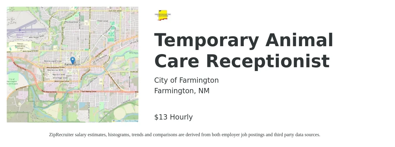 City of Farmington job posting for a Temporary Animal Care Receptionist in Farmington, NM with a salary of $14 Hourly with a map of Farmington location.