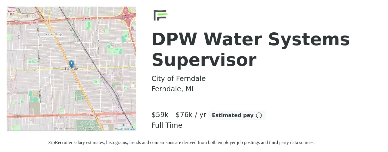 City of Ferndale job posting for a DPW Water Systems Supervisor in Ferndale, MI with a salary of $59,304 to $76,161 Yearly with a map of Ferndale location.