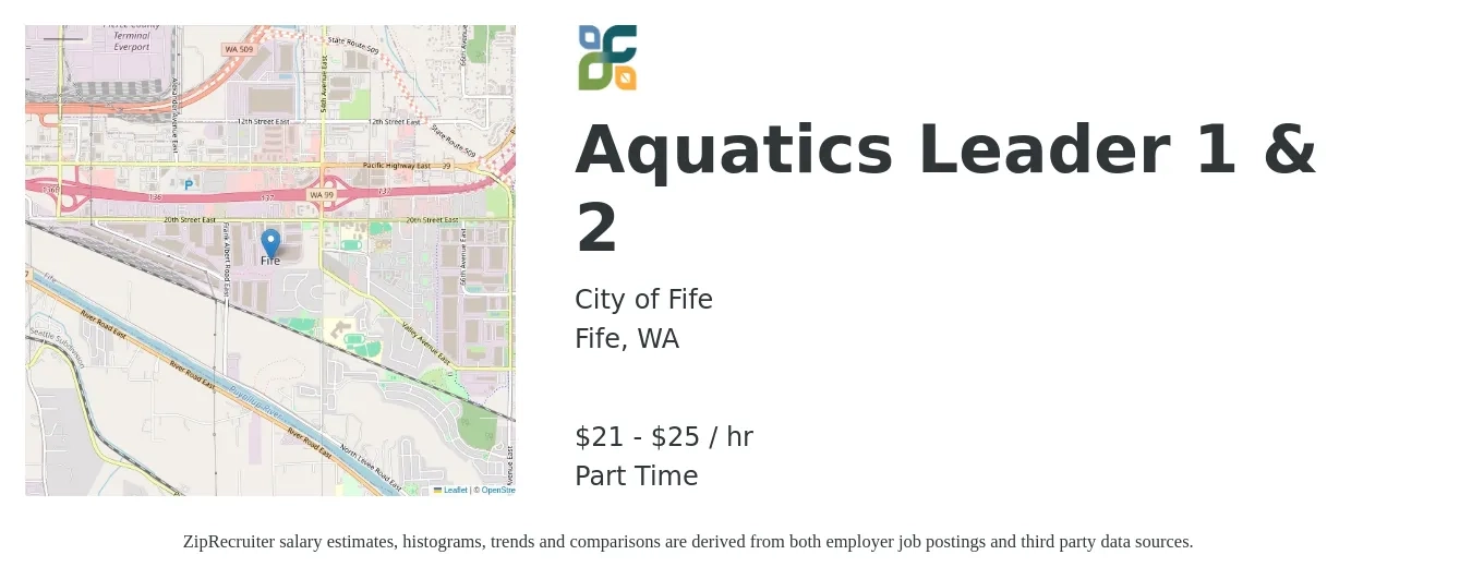 City of Fife job posting for a Aquatics Leader 1 & 2 in Fife, WA with a salary of $22 to $27 Hourly with a map of Fife location.