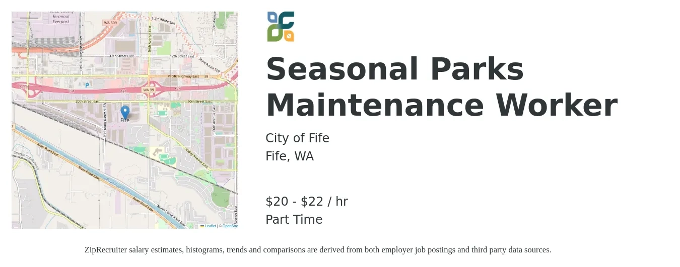City of Fife job posting for a Seasonal Parks Maintenance Worker in Fife, WA with a salary of $21 to $23 Hourly with a map of Fife location.