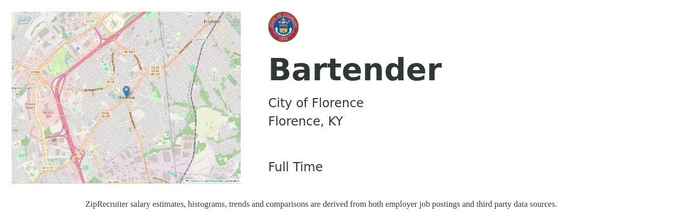 City of Florence job posting for a Bartender in Florence, KY with a salary of $9 Hourly with a map of Florence location.