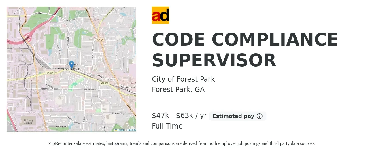 City of Forest Park job posting for a CODE COMPLIANCE SUPERVISOR in Forest Park, GA with a salary of $47,407 to $63,526 Yearly with a map of Forest Park location.