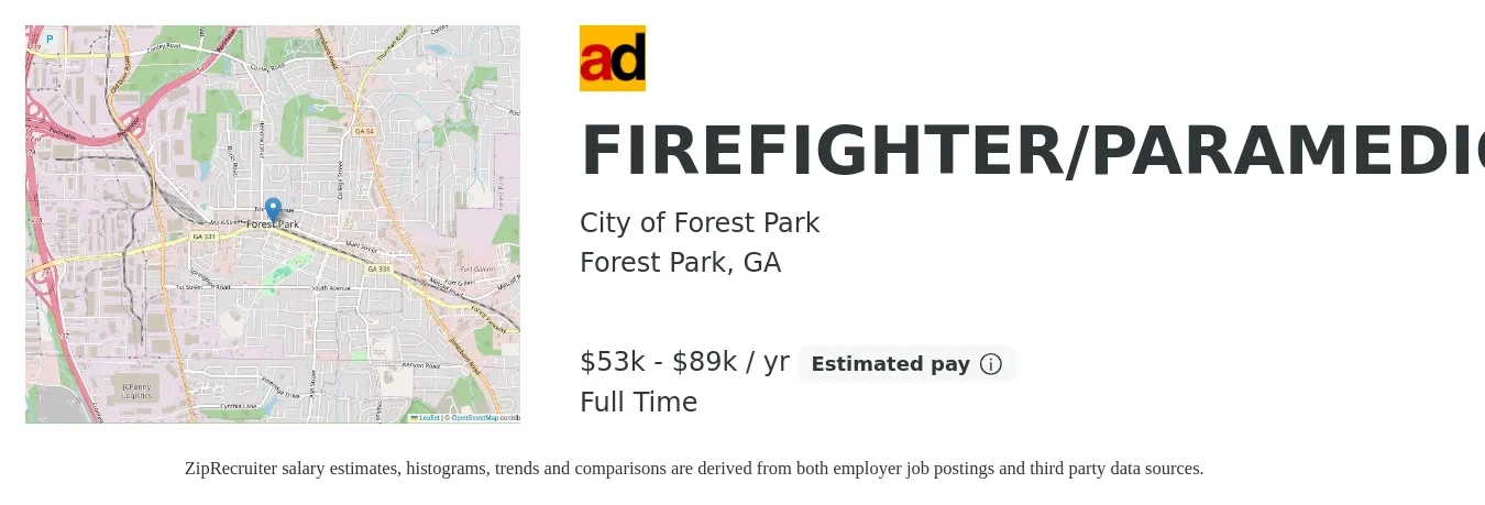 City of Forest Park job posting for a FIREFIGHTER/PARAMEDIC in Forest Park, GA with a salary of $53,499 to $89,879 Yearly with a map of Forest Park location.