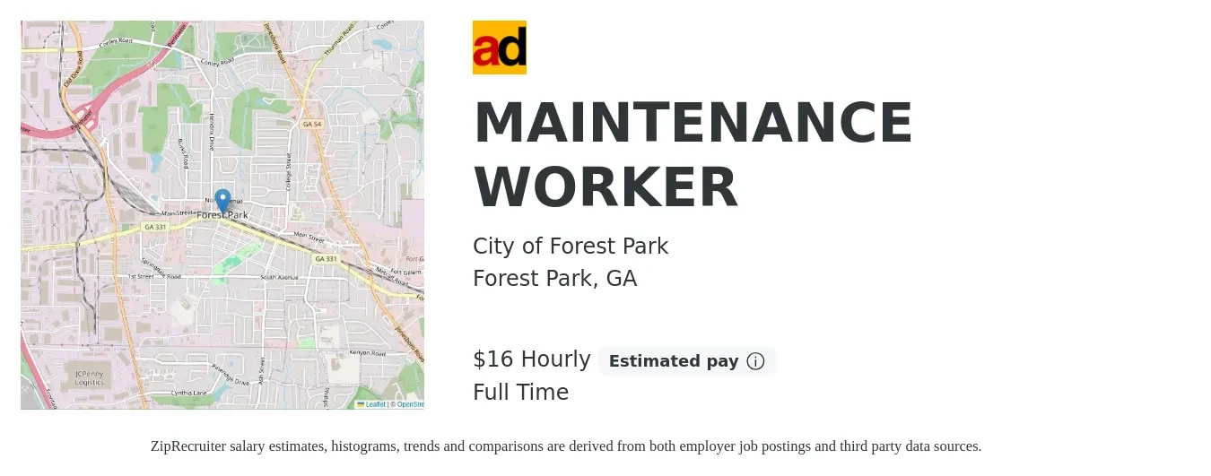 City of Forest Park job posting for a MAINTENANCE WORKER in Forest Park, GA with a salary of $17 Hourly with a map of Forest Park location.