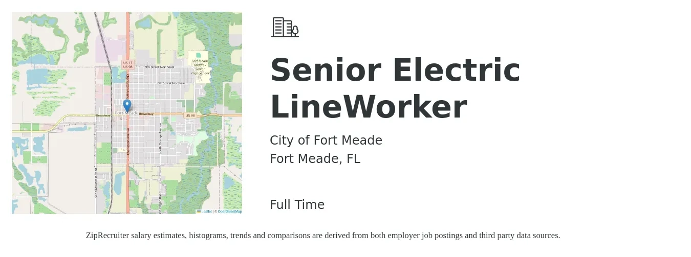 City of Fort Meade job posting for a Senior Electric LineWorker in Fort Meade, FL with a salary of $27 to $38 Hourly with a map of Fort Meade location.