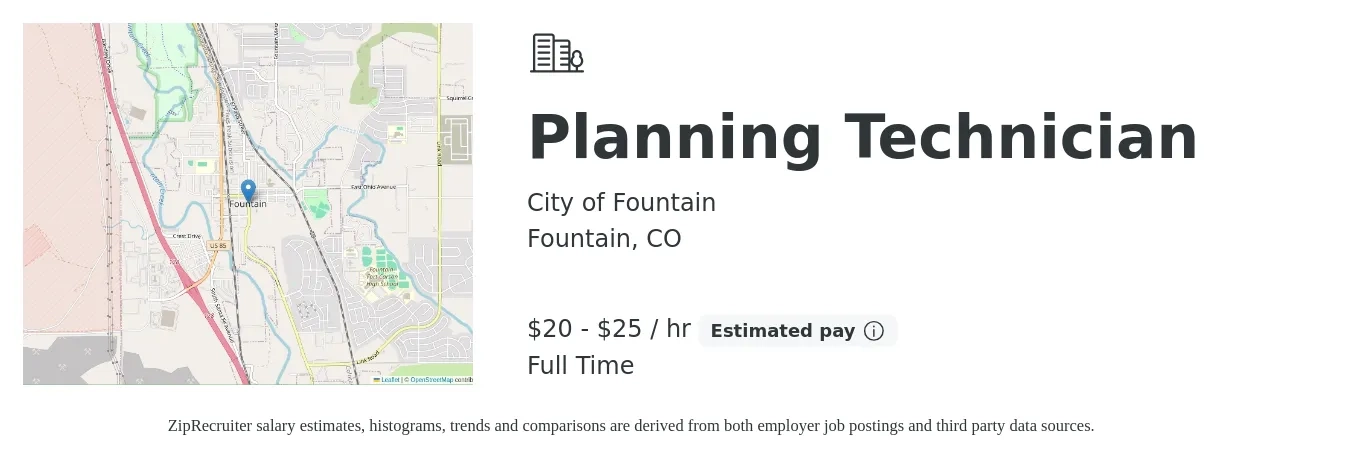 City of Fountain job posting for a Planning Technician in Fountain, CO with a salary of $22 to $27 Hourly with a map of Fountain location.